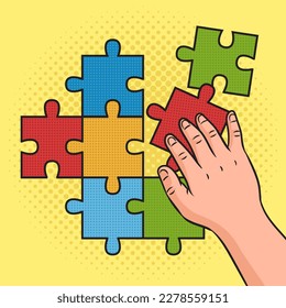 child solve puzzles pinup pop art retro vector illustration. Comic book style imitation.
