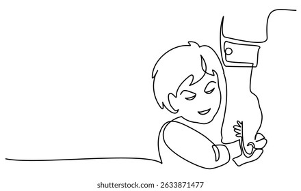 Child son holds hand of father with love. Fathers day card. Continuous one line illustration. Vector illustration.
