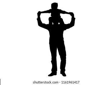 Child (son) sitting on shoulders of man (father) silhouette, vector