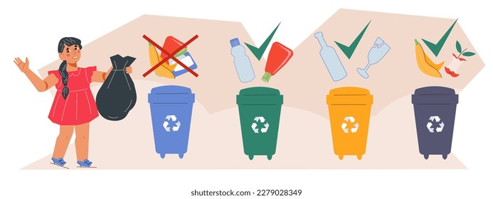 Child sorting garbage for reuse and recycle. Teaching children to separate wastes for recycling of plastic, glass, metal and used clothes, flat vector illustration isolated on white background.