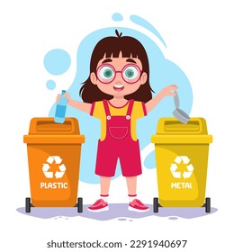 El niño ordena la basura, el plástico y el metal