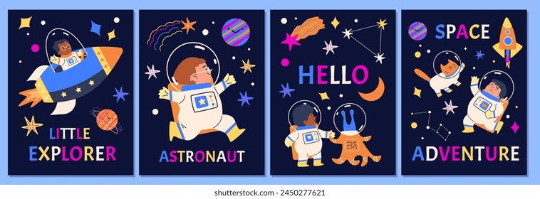 Child in space. Vector set of space adventure flyers. Astronaut brochure with stars, pet cat, alien and rocket. Flyer illustration with place for text. Flat children's design of a child in space.