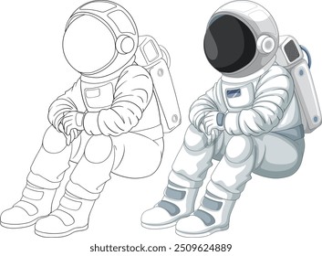 Child in spacesuit, sitting and dreaming