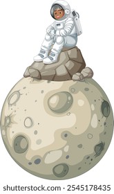 Child in spacesuit sitting on moon rock