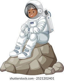 Child in spacesuit sitting on a rock