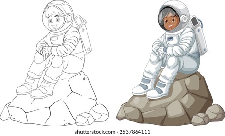 Child in spacesuit sitting on a rock