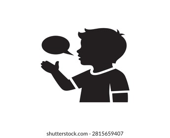 Child speaking icon with speech bubble. Little boy talking or communicating silhouette.