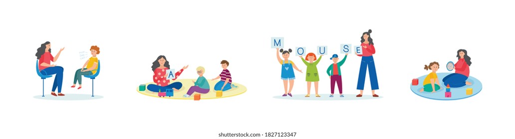 Child speech therapy set - cartoon teacher helping kindergarten children with speaking problem and learning development. Isolated vector illustration collection.