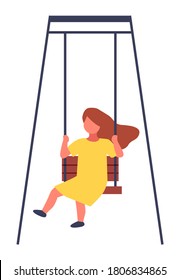 Child spending time at playground, kindergarten. Kid have fun, recreation. Girl rest relax on swing. Little girl wearing yellow dress swinging. Playtime concept. Isolated faceless chartoon character