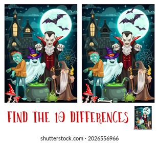 Child spot differences game with Halloween monsters. Kids find details exercise, children playing activity or riddle. Dracula vampire, zombie and ghost, sorcerer or wizard cartoon vector characters