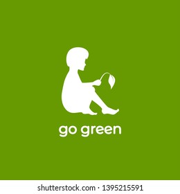 child with sprout. boy and leaf. White logo Isolated on green. Ecology logo. Eco friendly. Go green concept. Vector flat illustration. Earth day card
