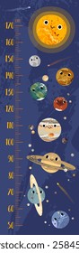 Child stadiometer scale. Kids height chart growth with funny kawaii planet characters. Height measuring ruler. Meter wall, centimeter. Cute solar system. Vector flat cartoon illustration, 1:1