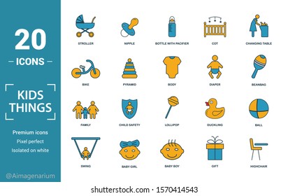 Child Staff icon set. Include creative elements stroller, bottle with pacifier, baby bike, diaper, family icons. Can be used for report, presentation, diagram, web design.
