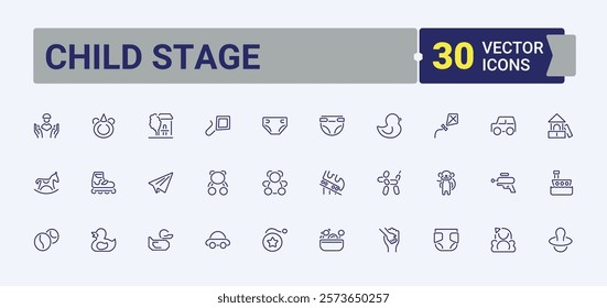 Child Stage icon set. Icons boy, childhood, care, baby, school, activity, children, fun. Outline symbol collection. Editable stroke.