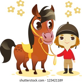 Child Stand with Small Horse: image isolated on white background