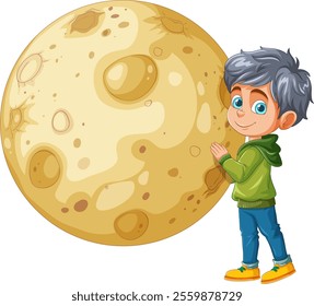 A child standing beside a large moon