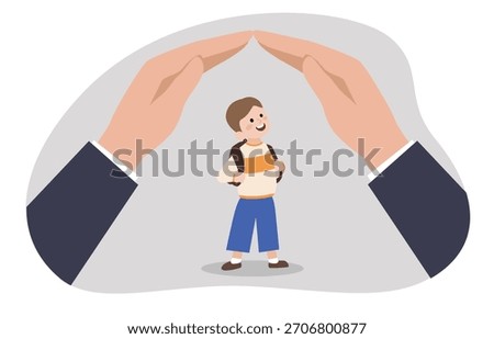 A child standing between two hands forming a protective roof-like shape above them. It symbolizes protection, care, and safety for children.