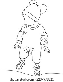 Child standing in continuous line art style. Cute toddler child black linear sketch isolated on white background. Vector illustration