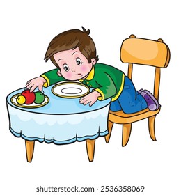 a child standing on a chair at a dinner table. He is leaning forward and trying to get fruit from someone else's plate. His plate is empty.