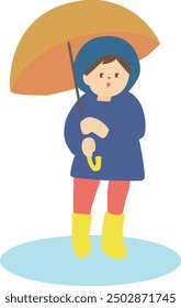 
A child standing on a puddle with an umbrella and wearing rain boots