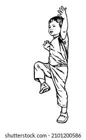 Child is standing with raised hand and leg, baby is weared in trousers and t-shirt. Black and white sketch