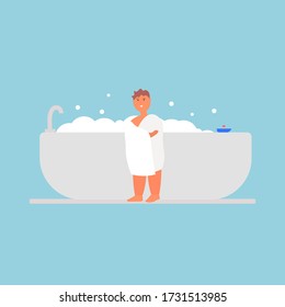 Child is standing in a towel after taking a bath. Bath time. Cartoon vector illustration