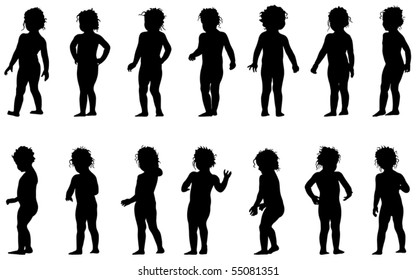 child standing,black silhouettes, fourteen different postures