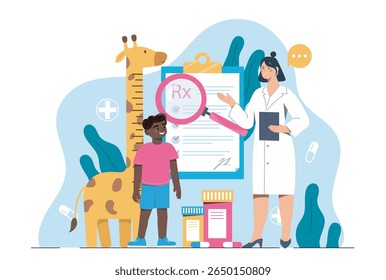 A child stands beside a giraffe-shaped growth chart during a pediatric checkup with a female doctor, surrounded by medicine bottles on a blue background. Vector illustration