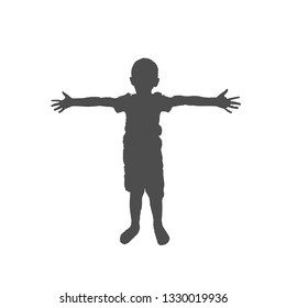 The Child Stands With Both Hands Outstretched. Silhouette In Front Of A Boy. Short-haired Head.