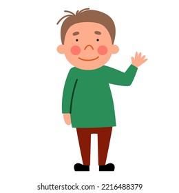 El niño se pone de pie hasta su altura completa y ondea su mano.