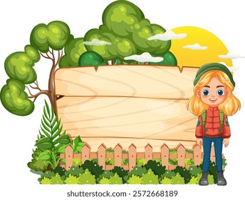 A child stands near trees and a wooden sign