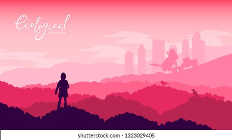 The child stands on a hill of garbage and look at the dump concept. Garbage pile in trash dump or landfill truck working illustration design. 