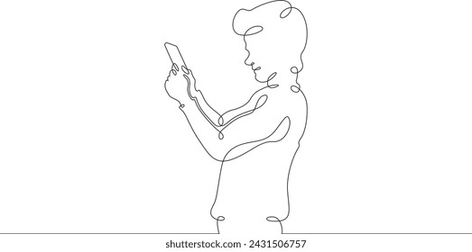 A child stands with a phone in his hand. A boy is talking on a smartphone. One continuous line . Line art. Minimal single line.White background. One line drawing.