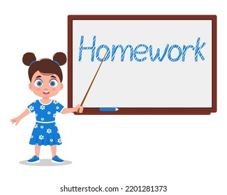 Child stands with a pointer near the blackboard. Vector illustration