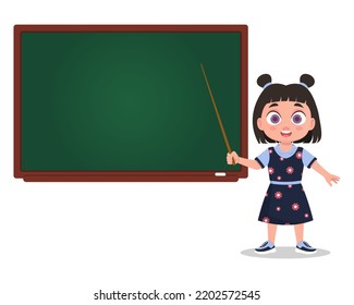 Kind steht mit einem Zeiger in der Nähe der Tafel. Vektorgrafik