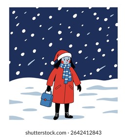 A child stands in the snow, looking upwards. They wear a red coat, hat, and scarf. Snow falls from the dark sky.