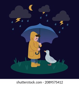 a child stands with an umbrella in the rain