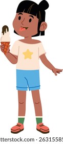 A child with a star shirt holds an ice cream cone in a playful cartoon style. The kid licks the treat while standing casually in shorts and sandals. Cartoon vector illustration.