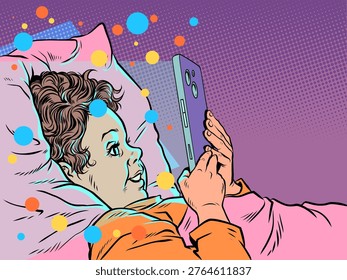 A child staring at a phone in bed. Parenting and the dangers of technology. Children's emotions about mobile phones at night. Pop Art Retro Vector Illustration Kitsch Vintage 50s 60s Style