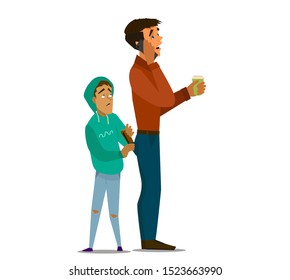 A child steals a purse from a man's back pocket. Vector illustration in cartoon style.