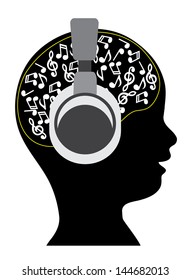 child in stereo earphones with notes in the head