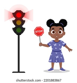 Child with stop sign. The traffic light shows a red signal. Vector illustration