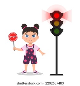 Child with stop sign. The traffic light shows a red signal. Vector illustration