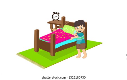 child straightens his bed. regular bedroom. regular life. awakening child. child awakening from sleep