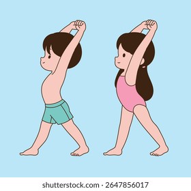 A child stretching before swimming. minimal line illustration.