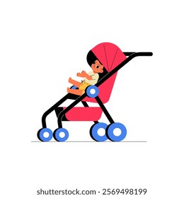 Child In Stroller With Bright Canopy In Flat Vector Illustration Symbolizing Parenting, Caregiving, And Outdoor Activities, Isolated On White Background.