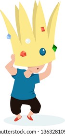 Child struggling under a heavy crown as a metaphor for big expectations and underachievement, EPS 8 vector illustration 