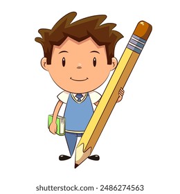 Child student with a book, holding big pencil, happy, schoolboy