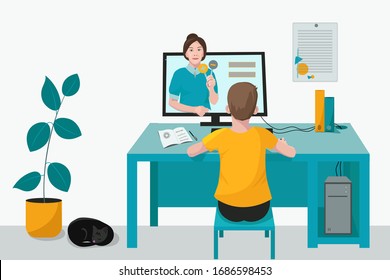 Child, student listens to the lesson of the teacher, is distance learning online. Room with computer, cat and boy taking tests. Vector illustration. Concept of home learning online and freelance.