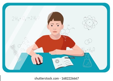A child student looks at an interactive screen and learns a school chemistry lesson. The concept of individual distance learning. Vector flat illustration. Online training, education.